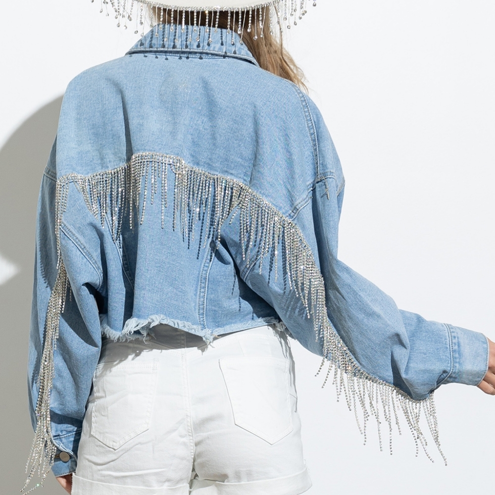 **NEW WITH TAGS** Crop frayed rhinestone fringe denim jacket